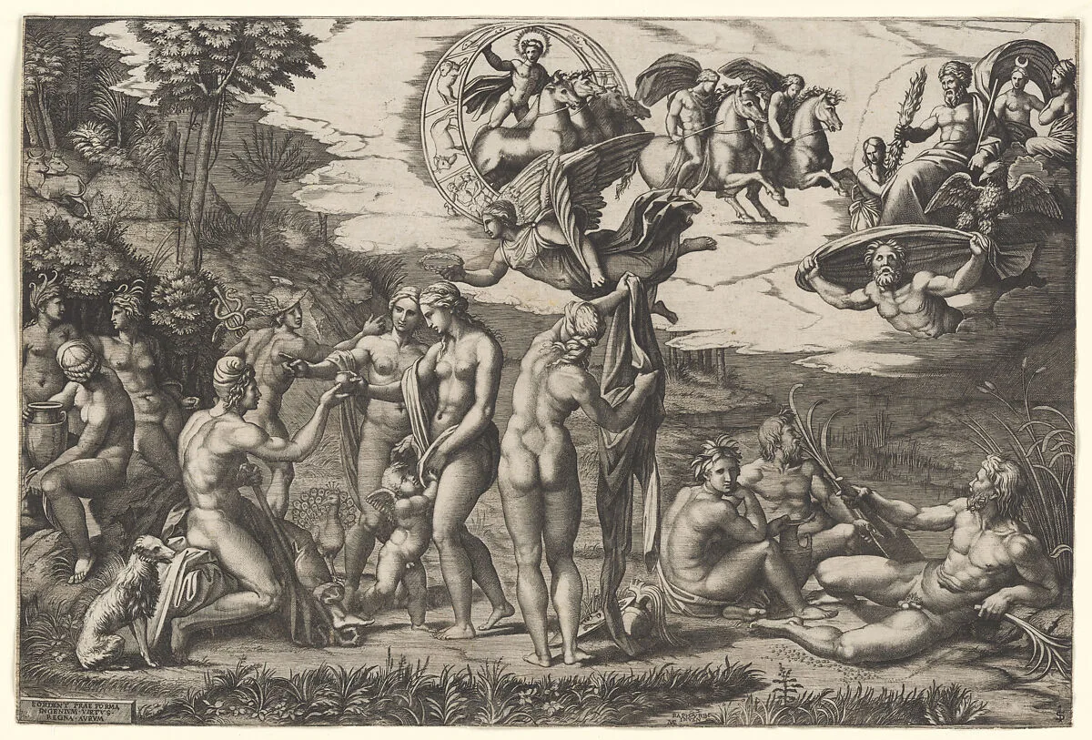 The Judgment of Paris; he is sitting at left with Venus, Juno and Pallas Athena, a winged victory above; in the upper section the Sun in his chariot preceeded by Castor and Pollux on horseback; at lower right two river gods and a naiad above whom Jupiter, an eagle, Ganymede, Diana and another Goddess — Marcantonio Raimondi|Raphael (Raffaello Sanzio or Santi)