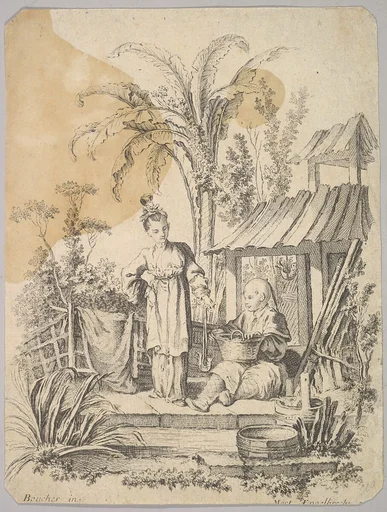 Man Sitting and Woman Carrying a Fish