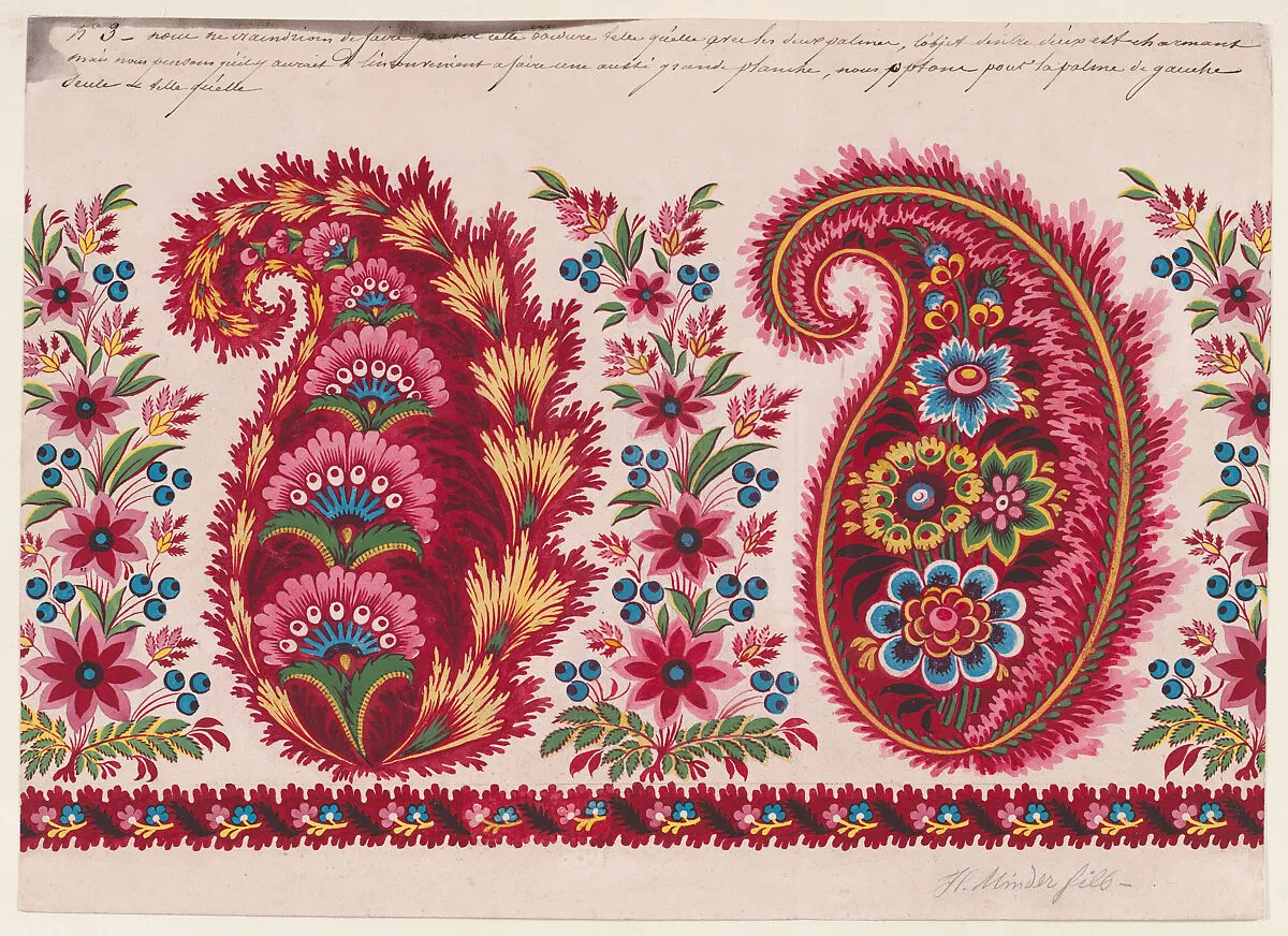 Textile Design with Paisley Motifs and Garlands of Berry Sprays and Stylized Flowers — H. Minder, fils