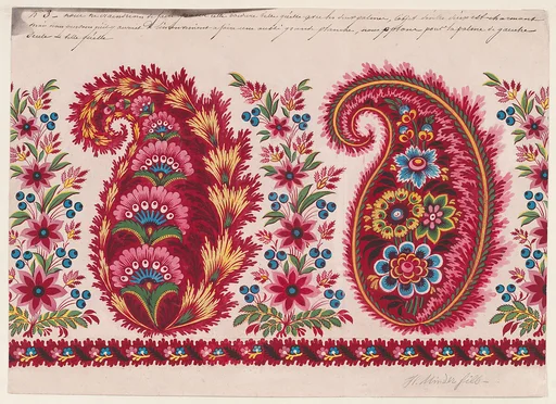 Textile Design with Paisley Motifs and Garlands of Berry Sprays and Stylized Flowers