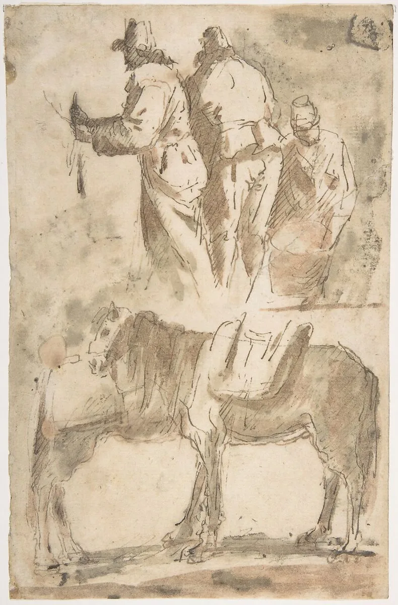 Sheet of Studies: Three Figures Above, Studies of Horses Below — Micco Spadaro (Domenico Gargiulo)
