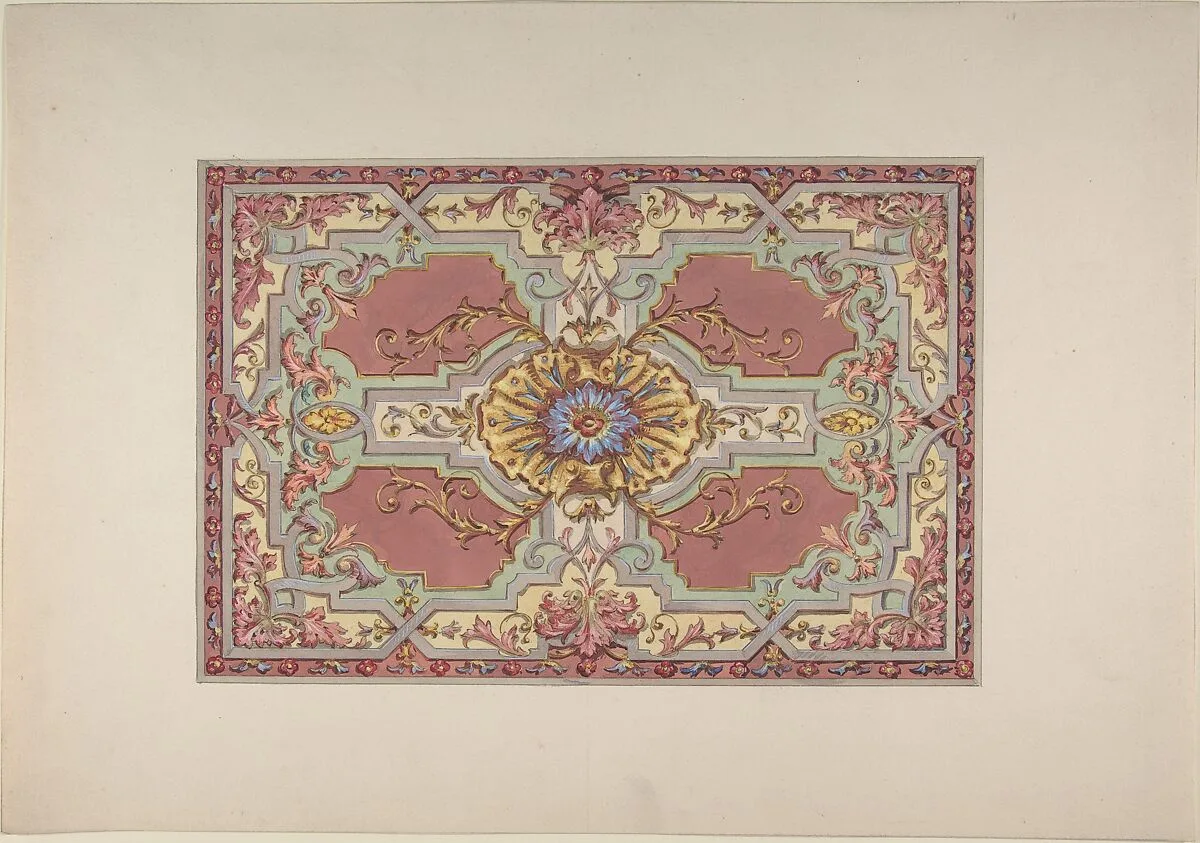 Design for a Painted Ceiling with Strapwork and Foliage on a Rose Background — Jules-Edmond-Charles Lachaise|Eugène-Pierre Gourdet