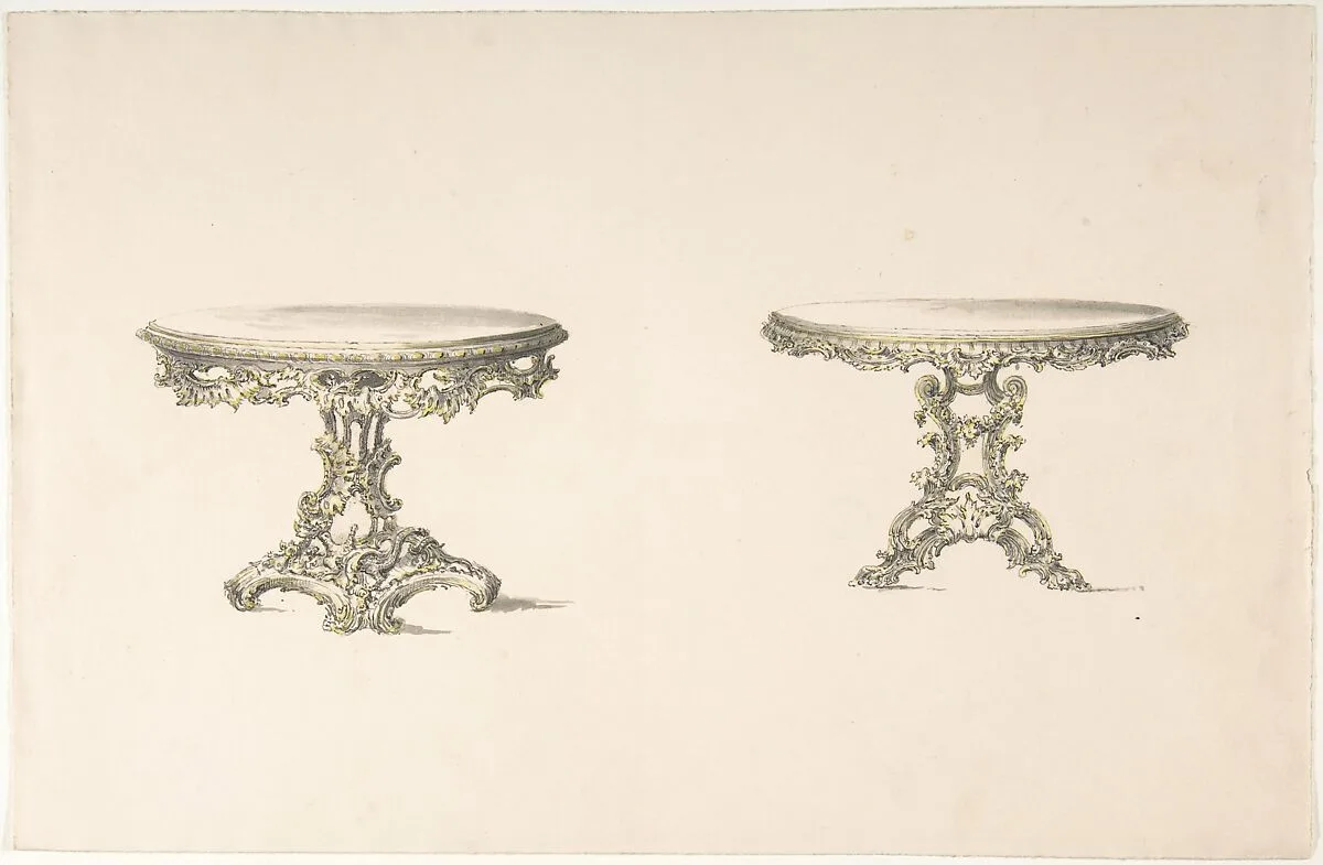 Design for Two Round Tables with Foliate Rococo Style Carving — Anonymous, British, 19th century
