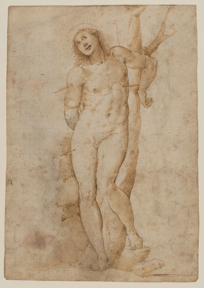 Saint Sebastian (recto); sketches of a male head and a standing figure in a short cape; a copy of the figure on the recto (verso) — Sodoma (Giovanni Antonio Bazzi)