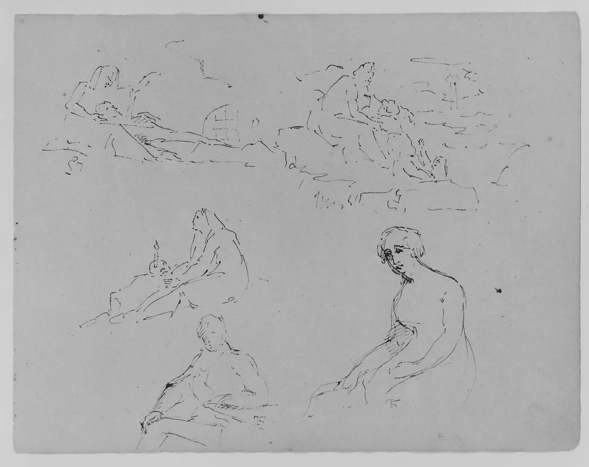 Lamentation (?); Mother and Child in Landscape; Penitent Magdalene; Seated Male at Table; Seated Female Holding a Letter (Batsheba, after Rembrandt) (from Sketchbook) — Thomas Sully