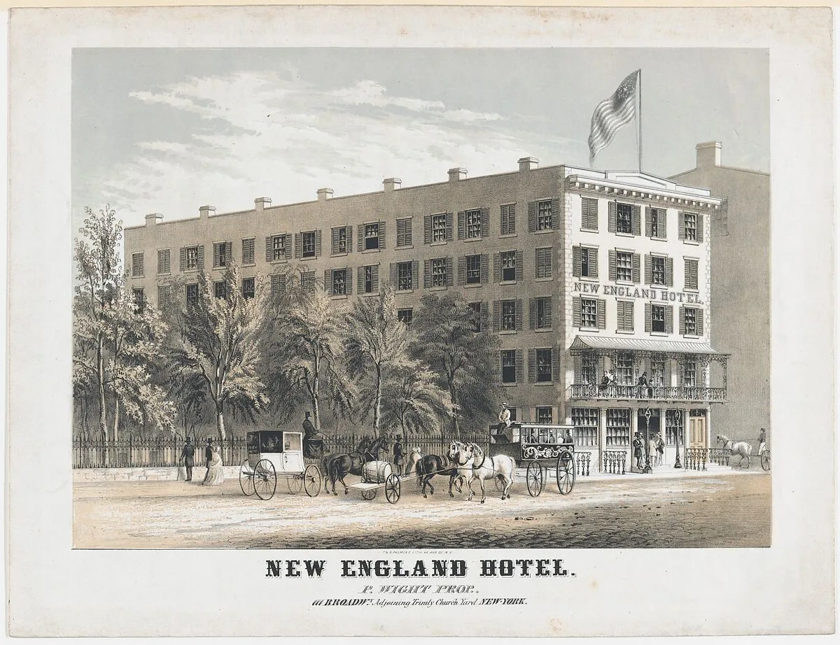 New England Hotel, Broadway, Adjoining Trinity Church Yard, New York — Francis & Seymour Palmer|Frances Flora Bond Palmer