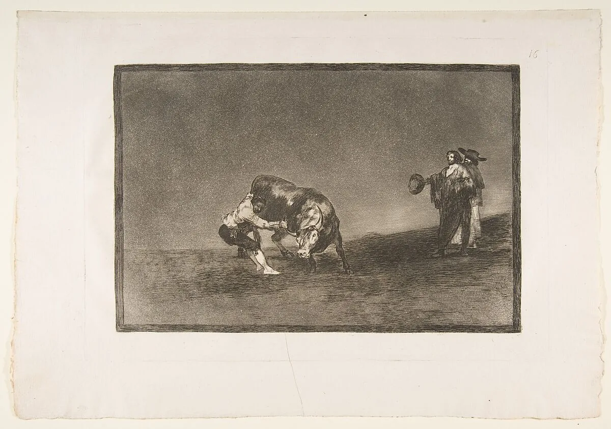 Plate 16 of "La Tauromaquia": The same man throws a bull in the ring at Madrid — Goya (Francisco de Goya y Lucientes)