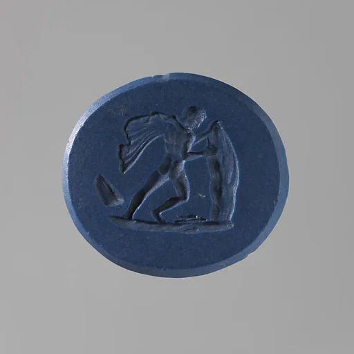 Male figure pushing a rock (?)