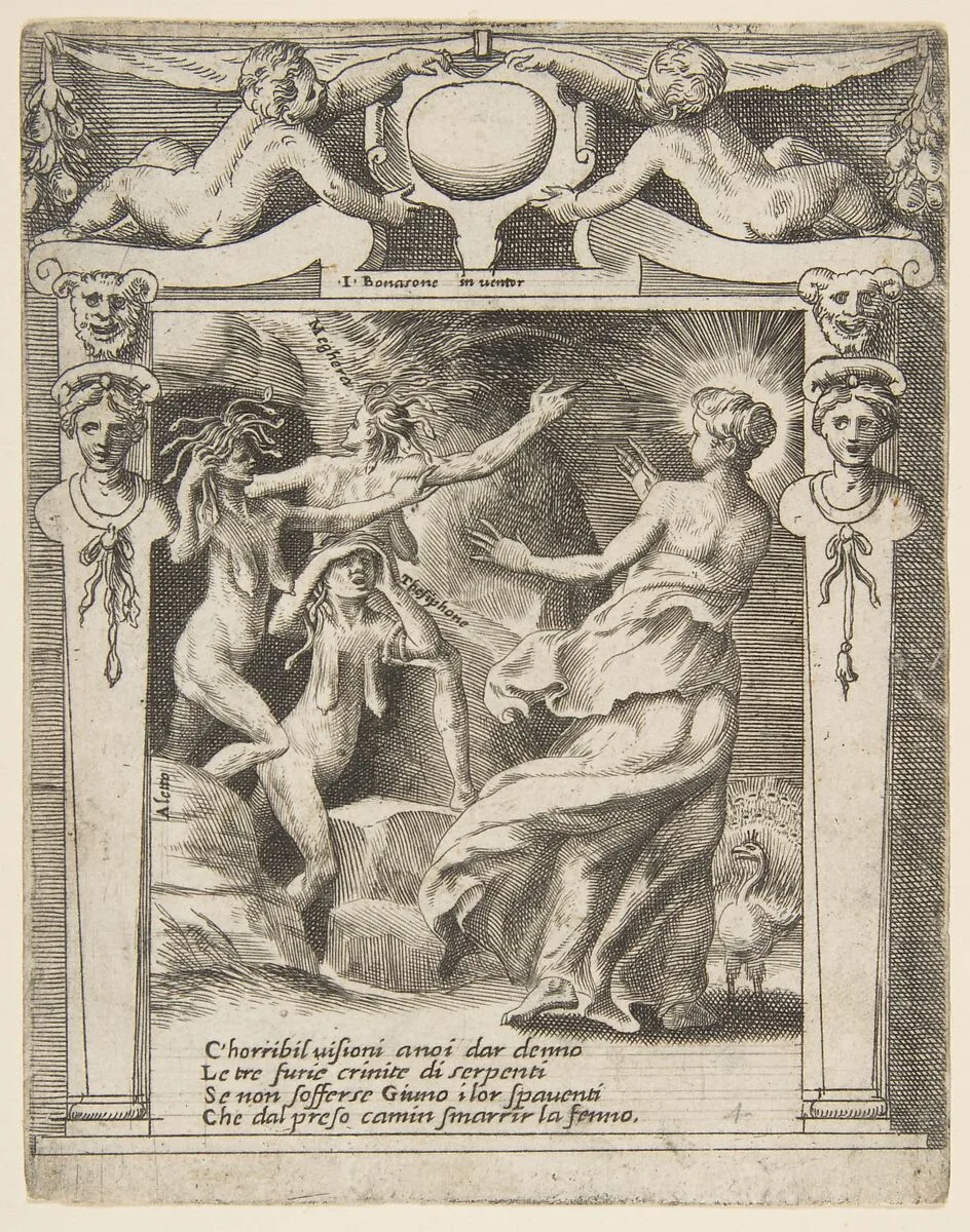Juno frightened by the Furies, set within a decorative frame, from "Loves, Rages and Jealousies of Juno" — Giulio Bonasone