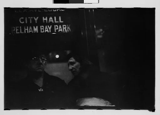 [Five 35mm Film Frames: Subway Passengers, New York City: Two Women in Conversation Beneath "Lex Ave Local" Sign, Two Men in Caps, Sleeping Men]