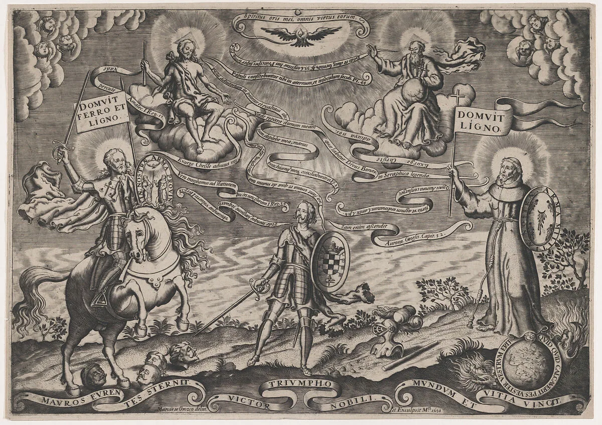 The triumph of faith, a soldier standing in centre holding shield adorned with arms of Alva; Holy Trinity above, St James Major on horseback at left — Marcos de Orozco