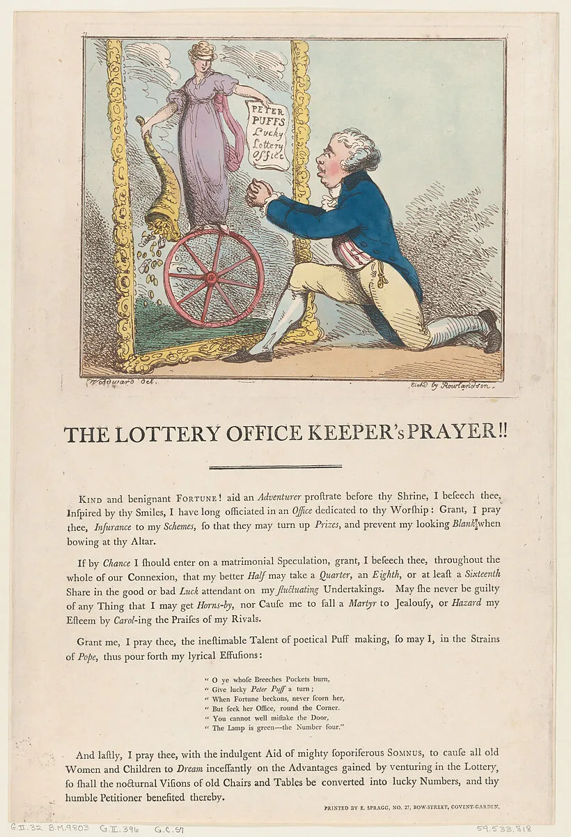 The Lottery Office Keeper's Prayer!! — George Murgatroyd Woodward|Thomas Rowlandson|Edward Spragg