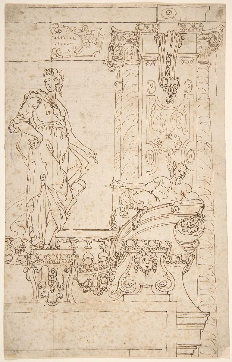 Sketch of Balcony and Pier (?) With Standing Female and a Reclining Satyr — Giovanni Larciani ("Master of the Kress Landscapes")