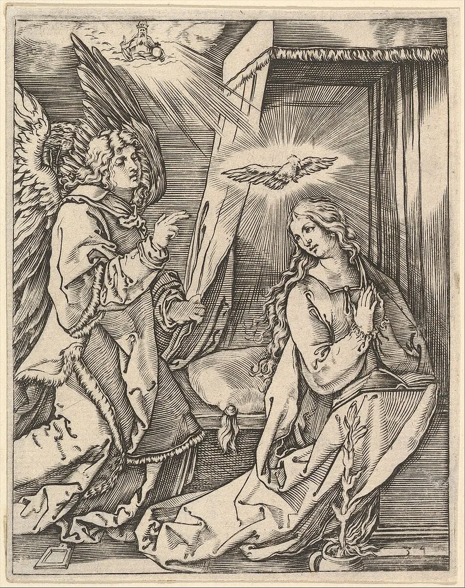 The Annunciation; on the left the archangel Gabriel approaches the praying Virgin Mary in her bedchamber, over her head a dove representing the Holy Ghost, in the sky above a figure of God the Father, after Dürer — Marcantonio Raimondi|Albrecht Dürer