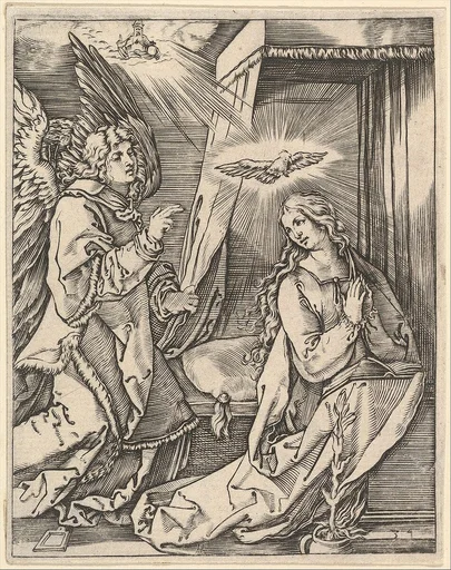 The Annunciation; on the left the archangel Gabriel approaches the praying Virgin Mary in her bedchamber, over her head a dove representing the Holy Ghost, in the sky above a figure of God the Father, after Dürer