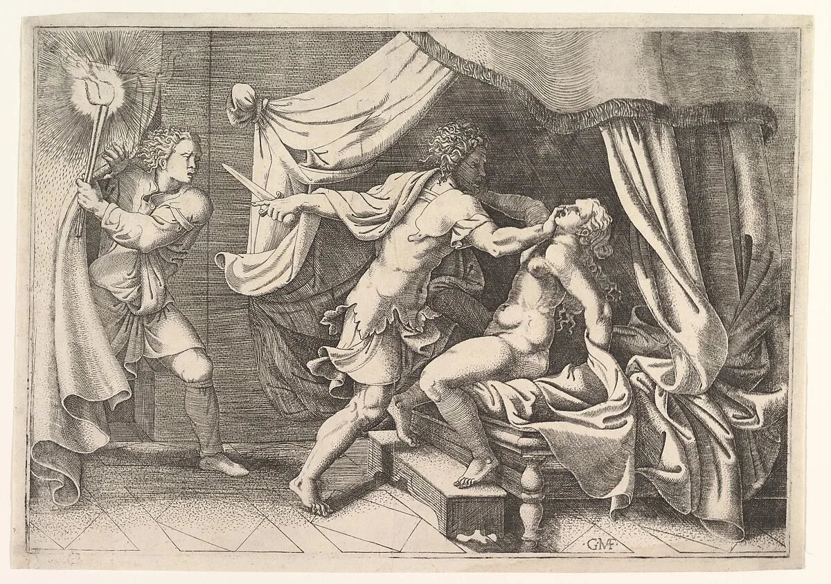 Tarquin attacking Lucretia, a servant at left witnessing the scene — Giorgio Ghisi|Giulio Romano