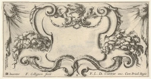 Plate 4: a cartouche with the head of a cherub at top center, leaves and flowers to either side, from 'Twelve cartouches' (Recueil de douze cartouches)