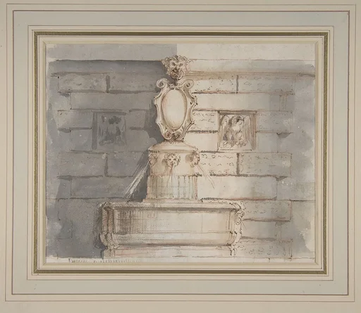 Design for a Fountain at a Street Corner Decorated with Putti Heads, a Coat of Arm and a Gargoyle Head on the Top