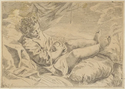 A child sleeping on a cushion, holding a piece of fruit (?), a curtain behind him, after Reni (?)