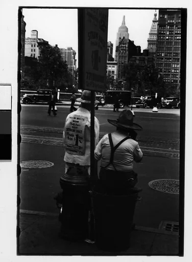 [Two 35mm Film Frames: Straw Hat Salesmen with Sandwich Board Advertisements, Union Square West?, New York City]