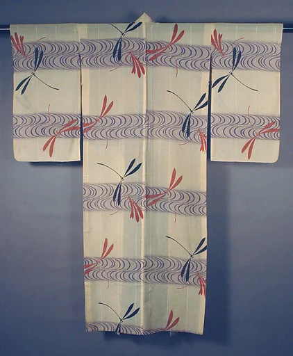 生成地蜻蛉流水模様単衣|Unlined Summer Kimono (Hito-e) with Dragonflies and Stream