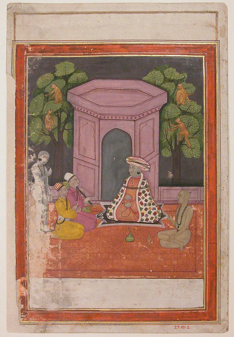 Hindu Saint with Two Disciples and Two Musicians on a Rooftop in the Evening — Unknown