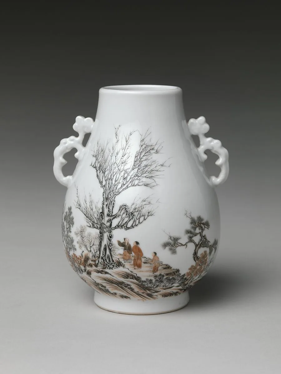 民國 景德鎮窯墨彩山水高士瓶|Vase with gentlemen in a landscape (one of a pair) — Unknown