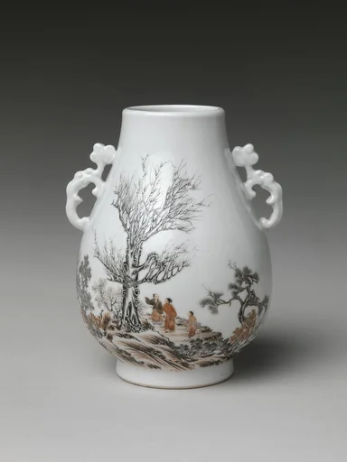 民國 景德鎮窯墨彩山水高士瓶|Vase with gentlemen in a landscape (one of a pair)