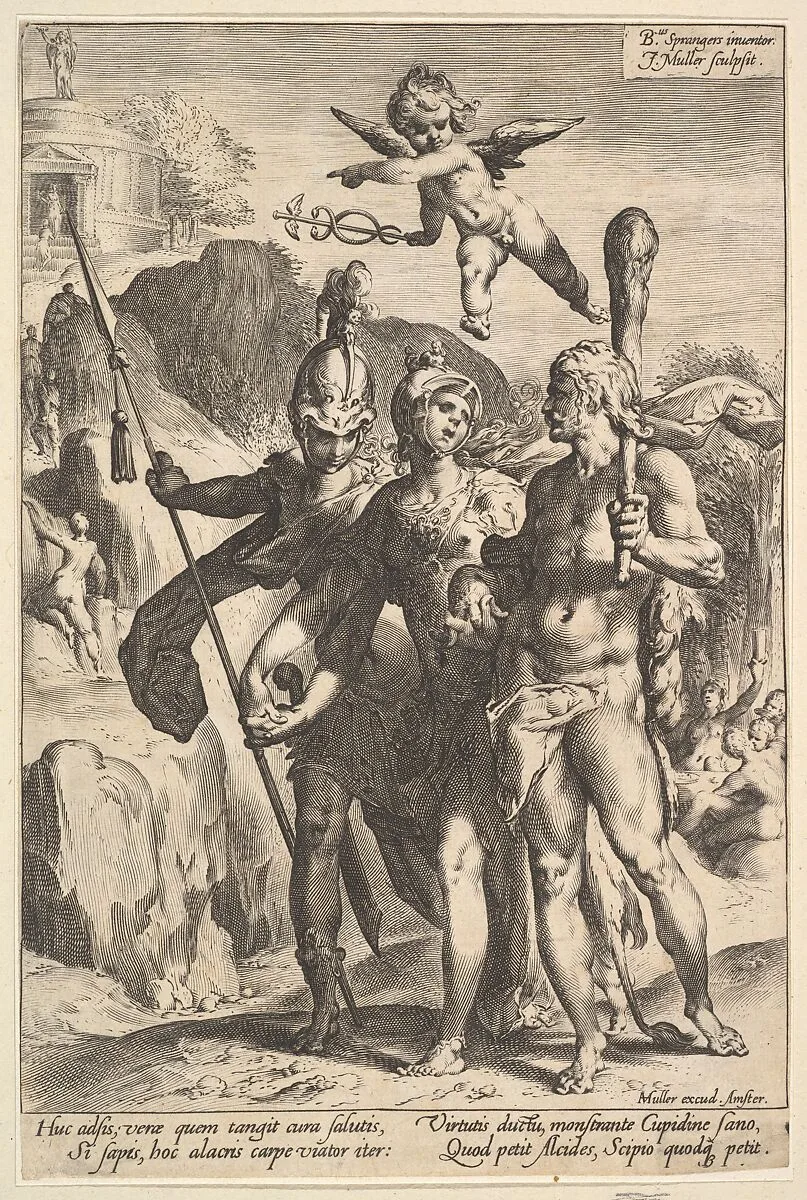 Minerva Leading Hercules and Scipio to the Temple of Fame — Bartholomeus Spranger|Jan Muller|Harmen Jansz. Muller