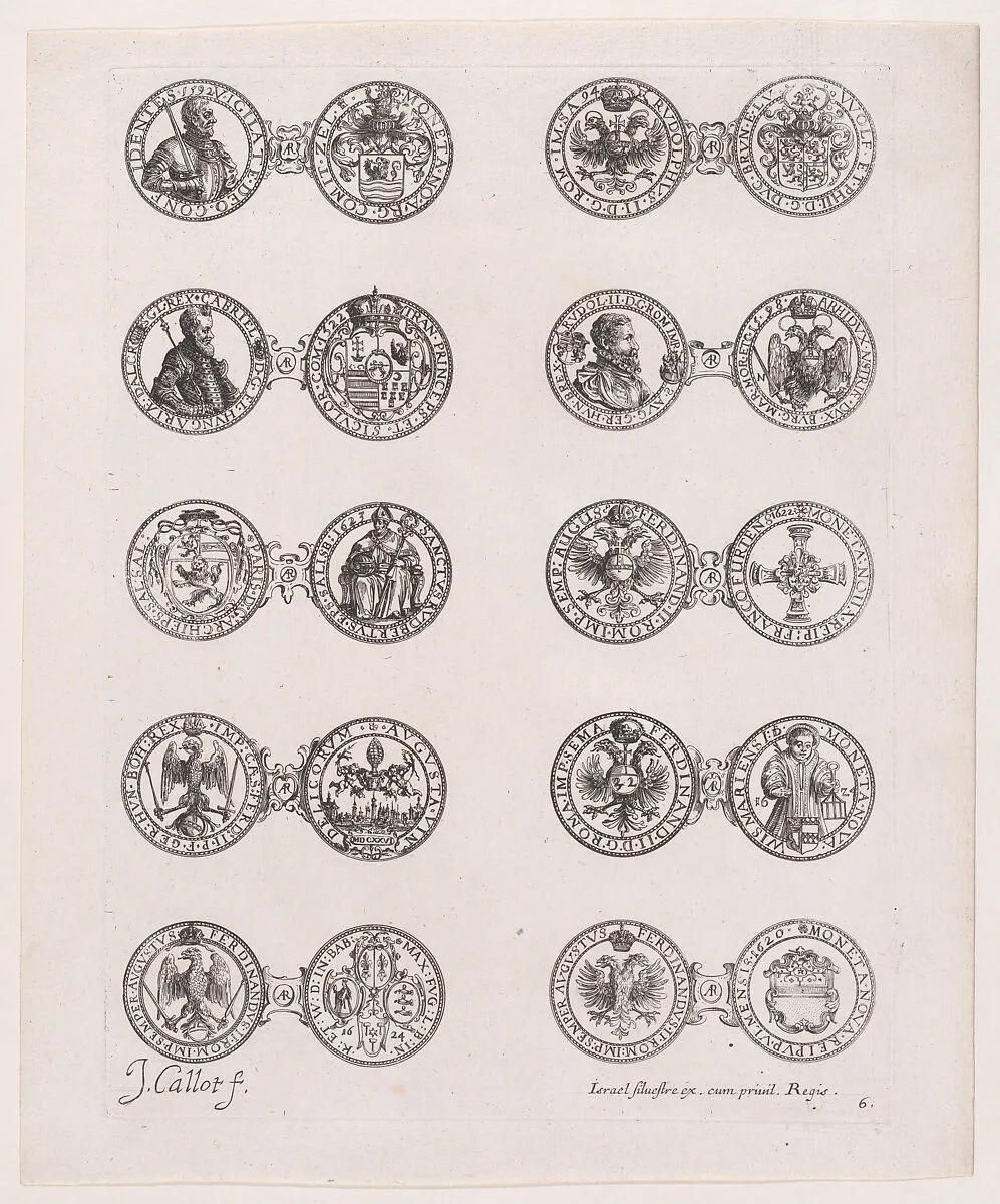 6th Plate, Featuring 10 Coins Issued by European Princes in the 16th and 17th centuries, from Les Monnaies (The Currencies) — Jacques Callot|Israel Silvestre