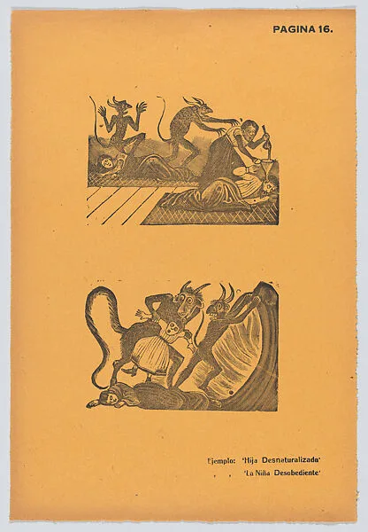 Page 16: a woman pouring liquid into a man's ear, a naughty child being snatched by devils, from '36 Grabados' (Mexico, 1943) — Arsacio Vanegas Arroyo|José Guadalupe Posada