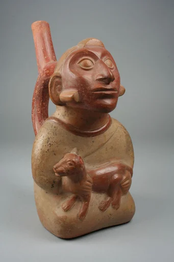 Stirrup Spout Bottle with Figure Holding Feline