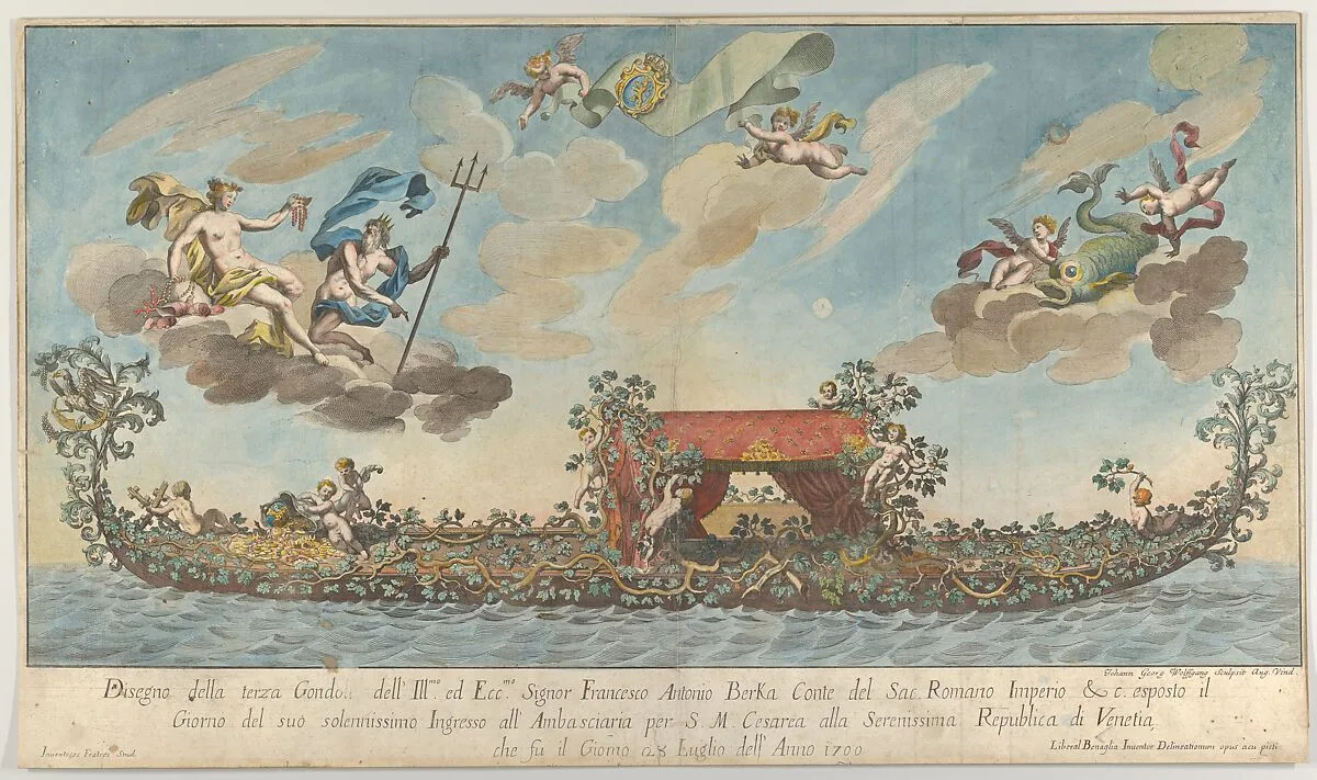 The highly ornamented third gondola of Francesco Antonio Berka entering Venice, Gods on clouds in the upper section — Liberal Benaglia|Johann Georg Wolfgang