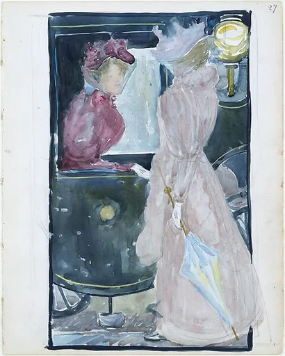 Large Boston Public Garden Sketchbook: Two women stopping to converse with an acquaintance riding in a carriage