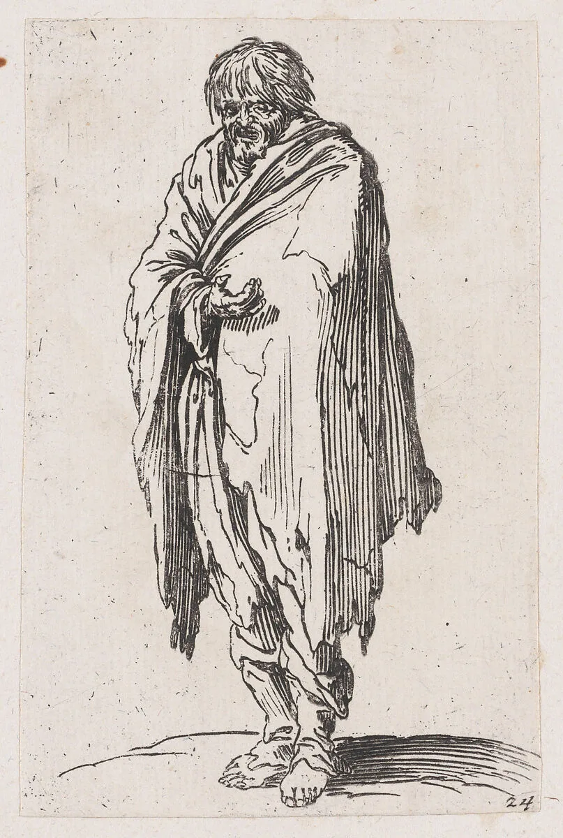 Reverse Copy of Le Mendiant a la Tête Découverte et aux Pieds Nus (The Beggar with Bare Head and Feet), from Les Gueux suite appelée aussi Les Mendiants, Les Baroni, ou Les Barons (The Beggars, also called the Barons) — Jacques Callot|Anonymous