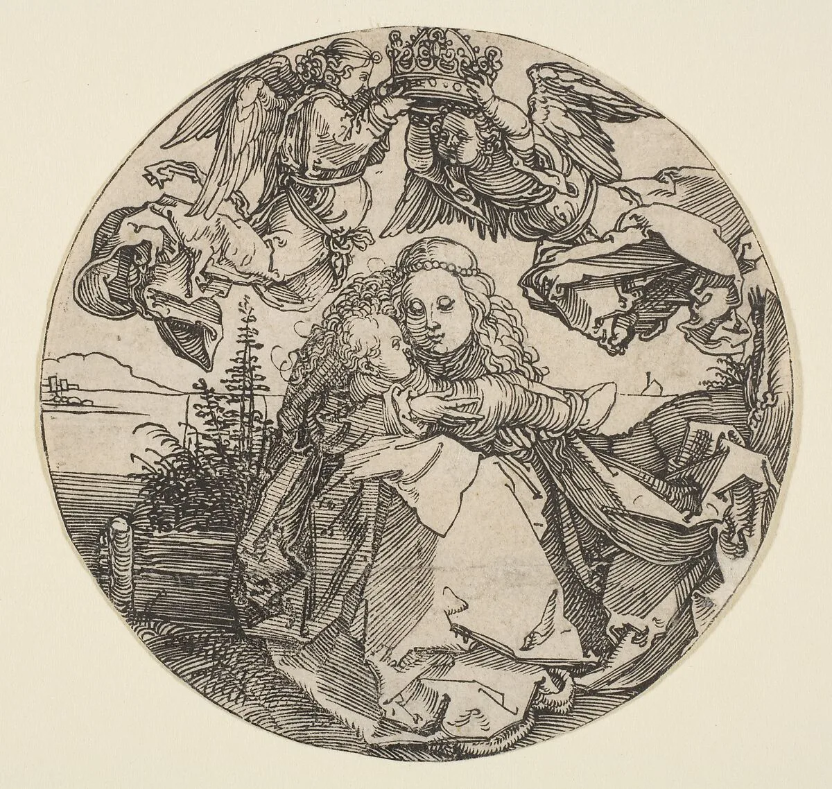 The Virgin and Child Crowned by Two Angels above a Landscape (landscape trimmed out) — Albrecht Dürer