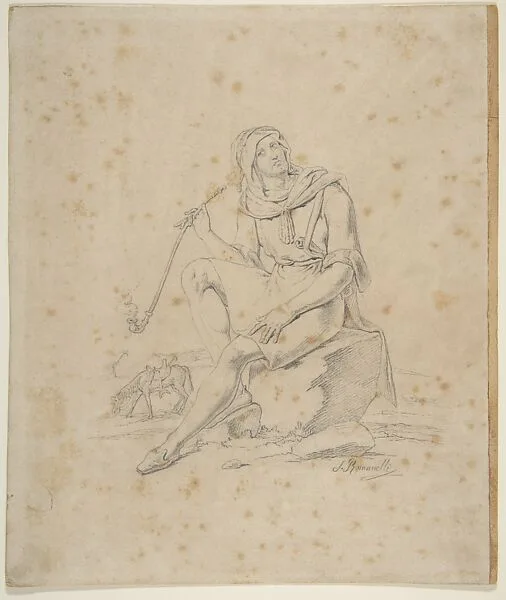 Seated Male Figure with Pipe in a Landscape — S. Romanelli