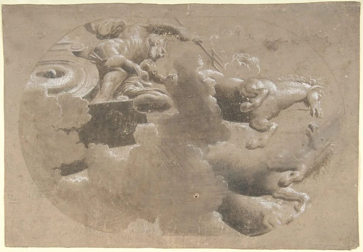 Design for a Ceiling: Male Figure with a Trident and Another Figure in a Horse Drawn Chariot — Anonymous, Italian, 16th century