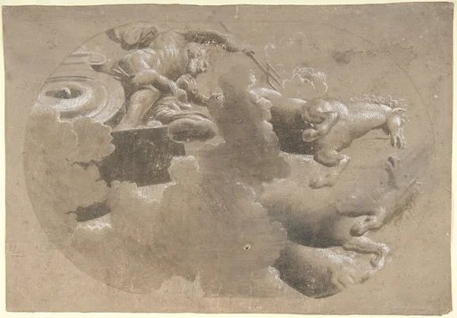 Design for a Ceiling:  Male Figure with a Trident and Another Figure in a Horse Drawn Chariot