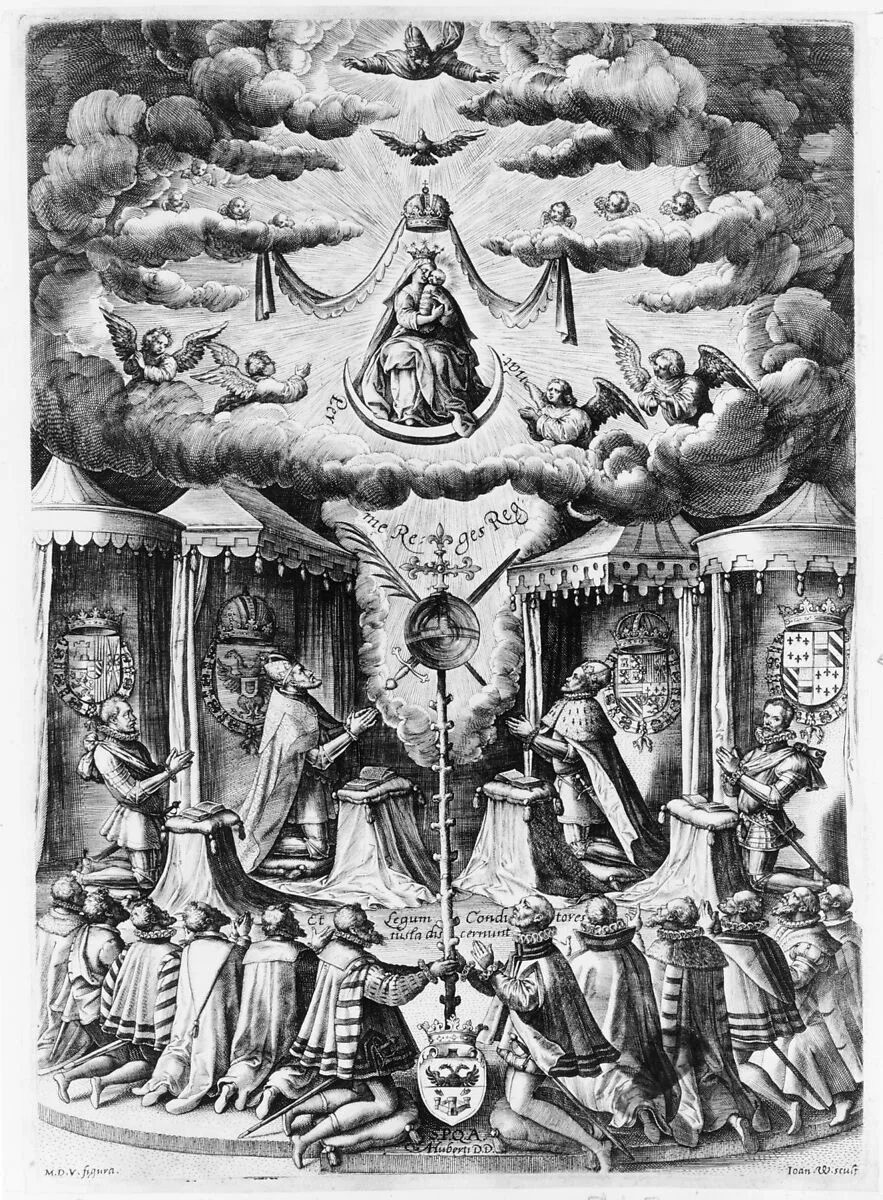 The Defenders of the Catholic Faith in the Netherlands adoring the Virgin — Maerten de Vos|Jan (Johannes) Wierix