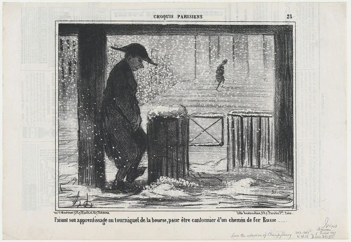 Faisant son apprentissage au tourniquet de la bourse..., from Croquis Parisiens, published in Le Charivari, February 6, 1857 — Aaron Martinet|Honoré Daumier|Destouches