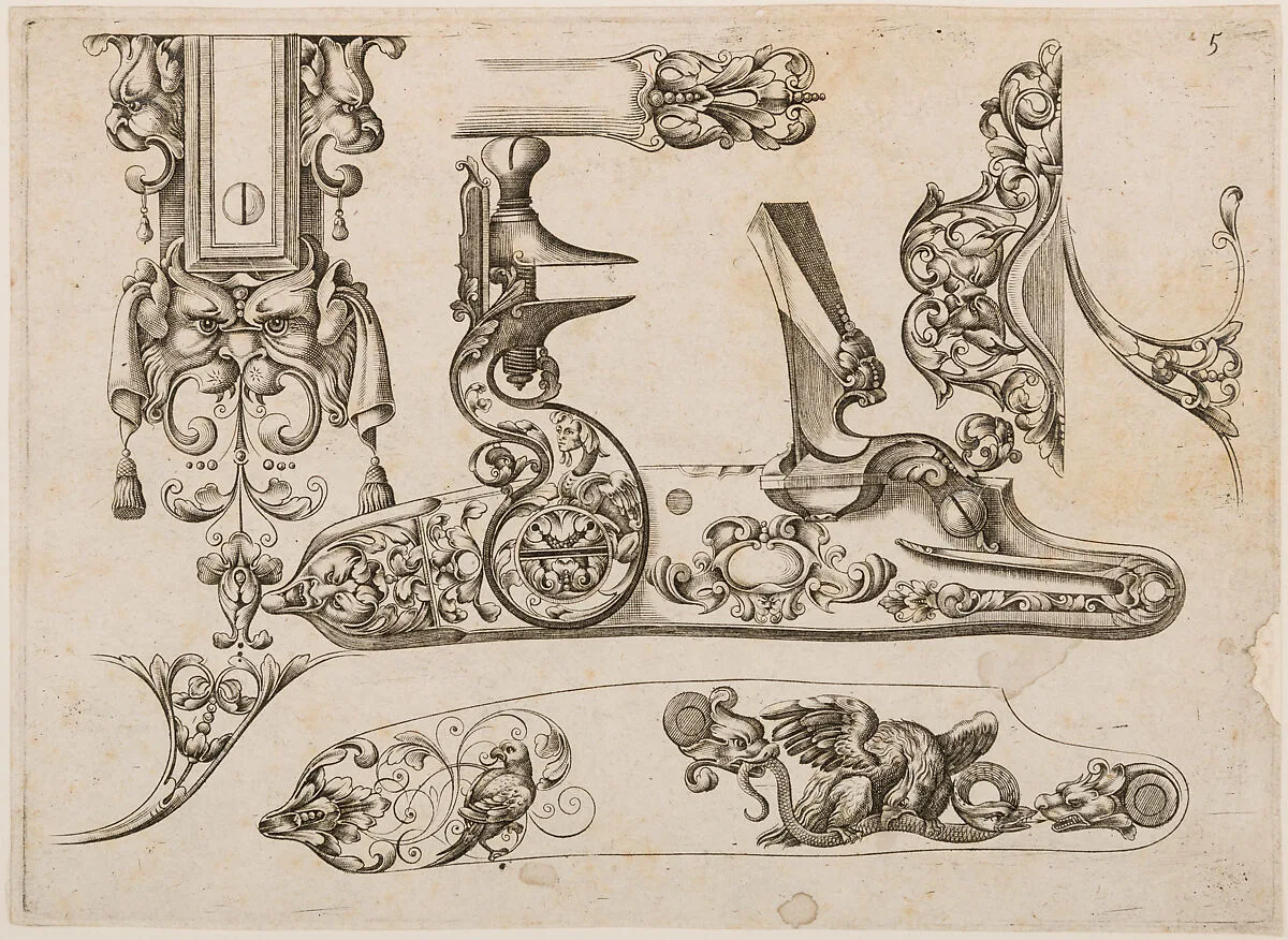 Plate Five from Plusieurs Models des plus nouuelles manieres qui sont en usage en l'Art de Arquebuzerie — Adrien Reynier, called Le Hollandois|C. Jacquinet|Thuraine
