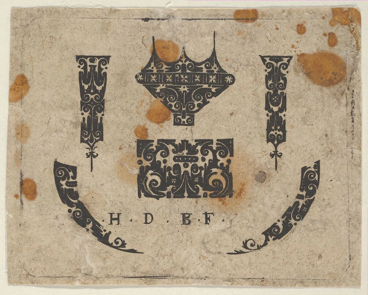 Blackwork Print with a Ring Bezel and Horizontal Panel at Center Flanked by Vertical Fillets and Curved Motifs — Hans de Bull