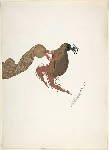 "L'Activité" Gold Costume Design with Ropes of Red Beads and Bells for "L'Or," Ziegfield Follies — Erté (Romain de Tirtoff)