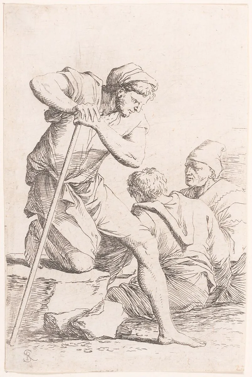 Two men sitting and another man holding a staff kneeling on a rock, from "Figurine" — Salvator Rosa