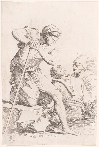 Two men sitting and another man holding a staff kneeling on a rock, from "Figurine"