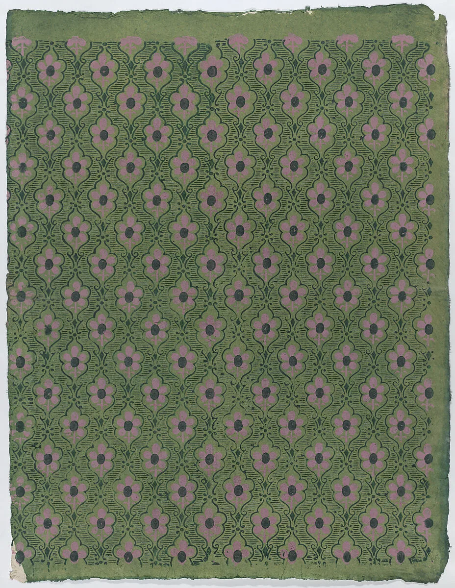Sheet with overall pink floral pattern on green background — Remondini Family|Anonymous