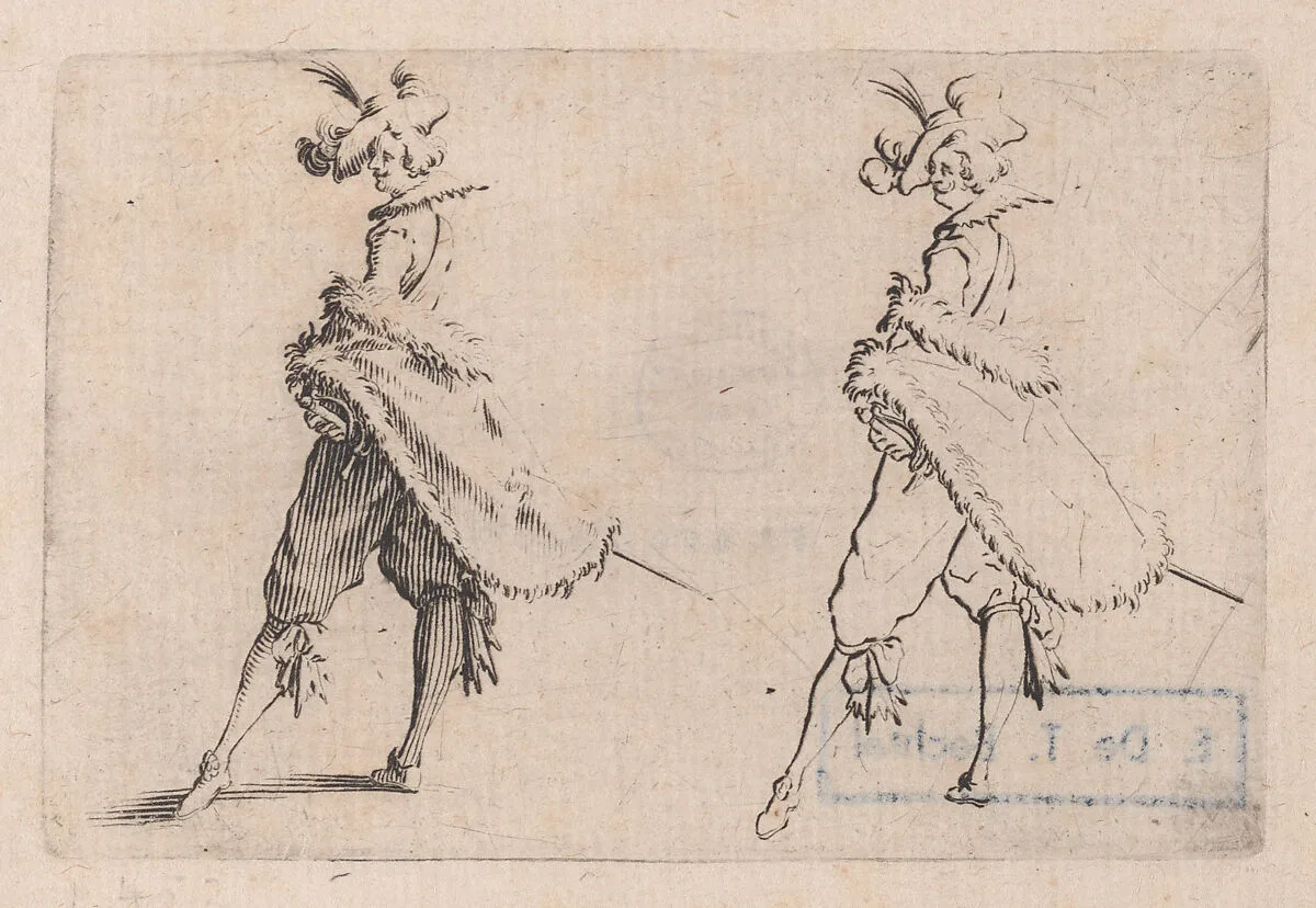 Le Gentilhomme au Manteau Posé sur la Hanche (The Gentleman with his Mantle on his Hip), from Les Caprices Series B, The Nancy Set — Jacques Callot|Lorenzo de' Medici