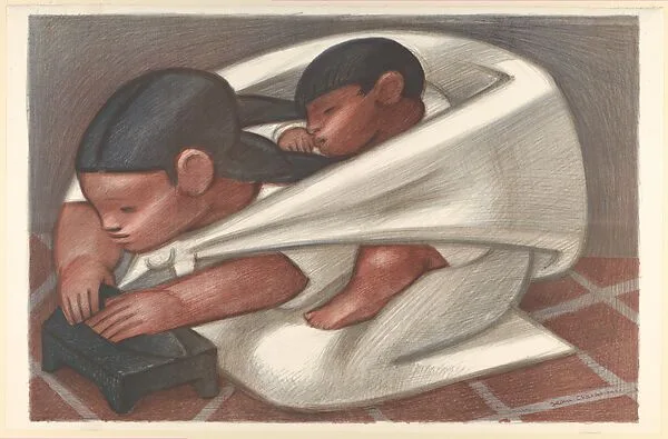 A woman making a tortilla while carrying a child on her back — Jean Charlot