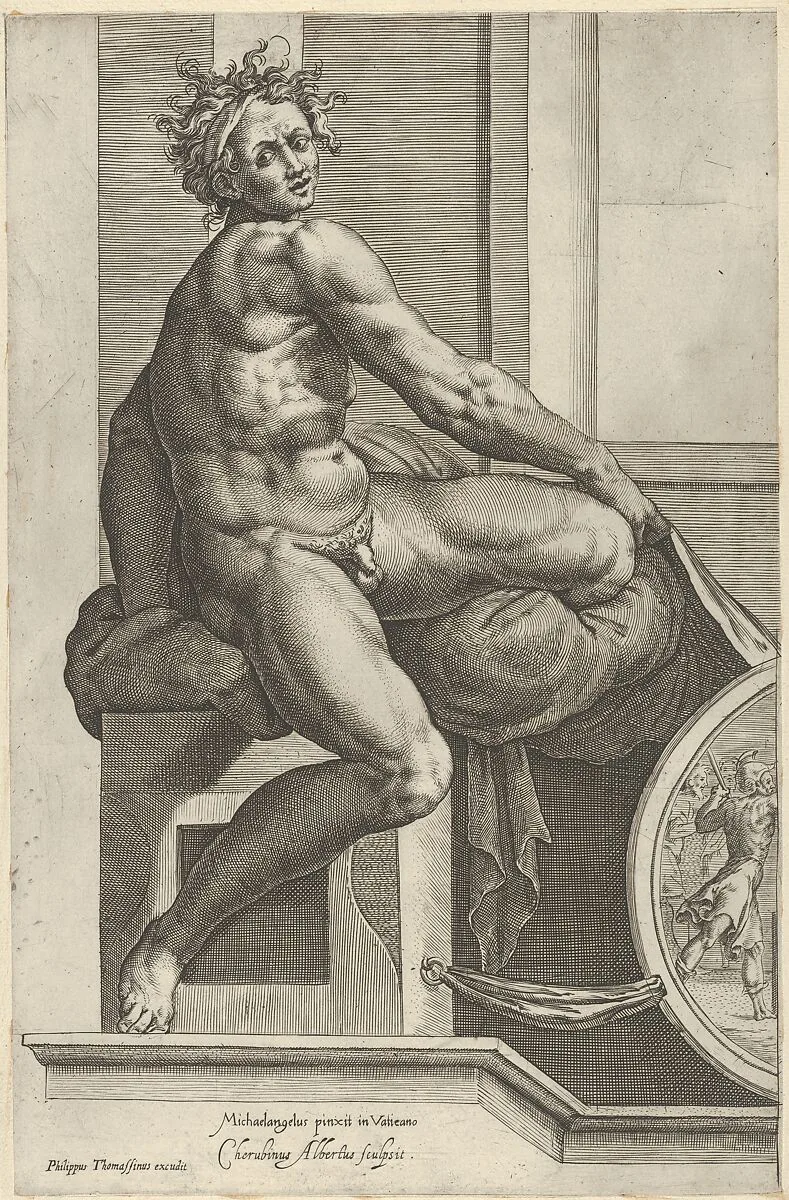 A naked man (Ignudo), twisting towards the right, holding drapery, after Michelangelo's 'The Last Judgment' fresco in the Sistine Chapel — Cherubino Alberti (Zaccaria Mattia)|Michelangelo Buonarroti|Philippe Thomassin